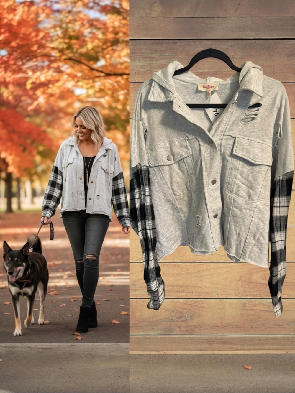 Peach Love Hooded Mixed Media Shacket Sweatshirt Grey Black Plaid Flannel NWT